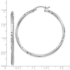 Rhodium-plated Silver Satin Diamond-cut 2.5x45mm Twisted Hoop Earrings