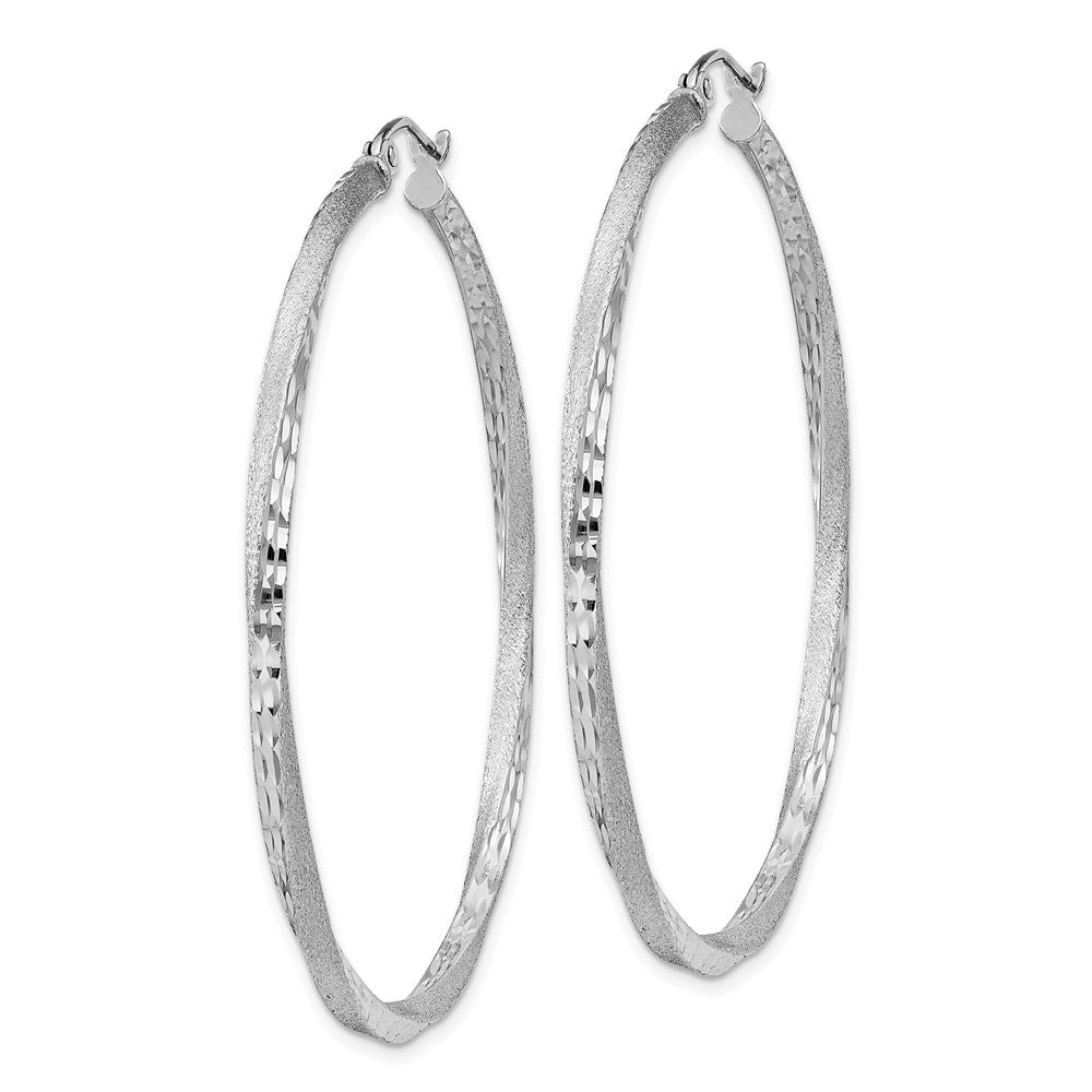 Rhodium-plated Silver Satin Diamond-cut 2.5x50mm Twisted Hoop Earrings