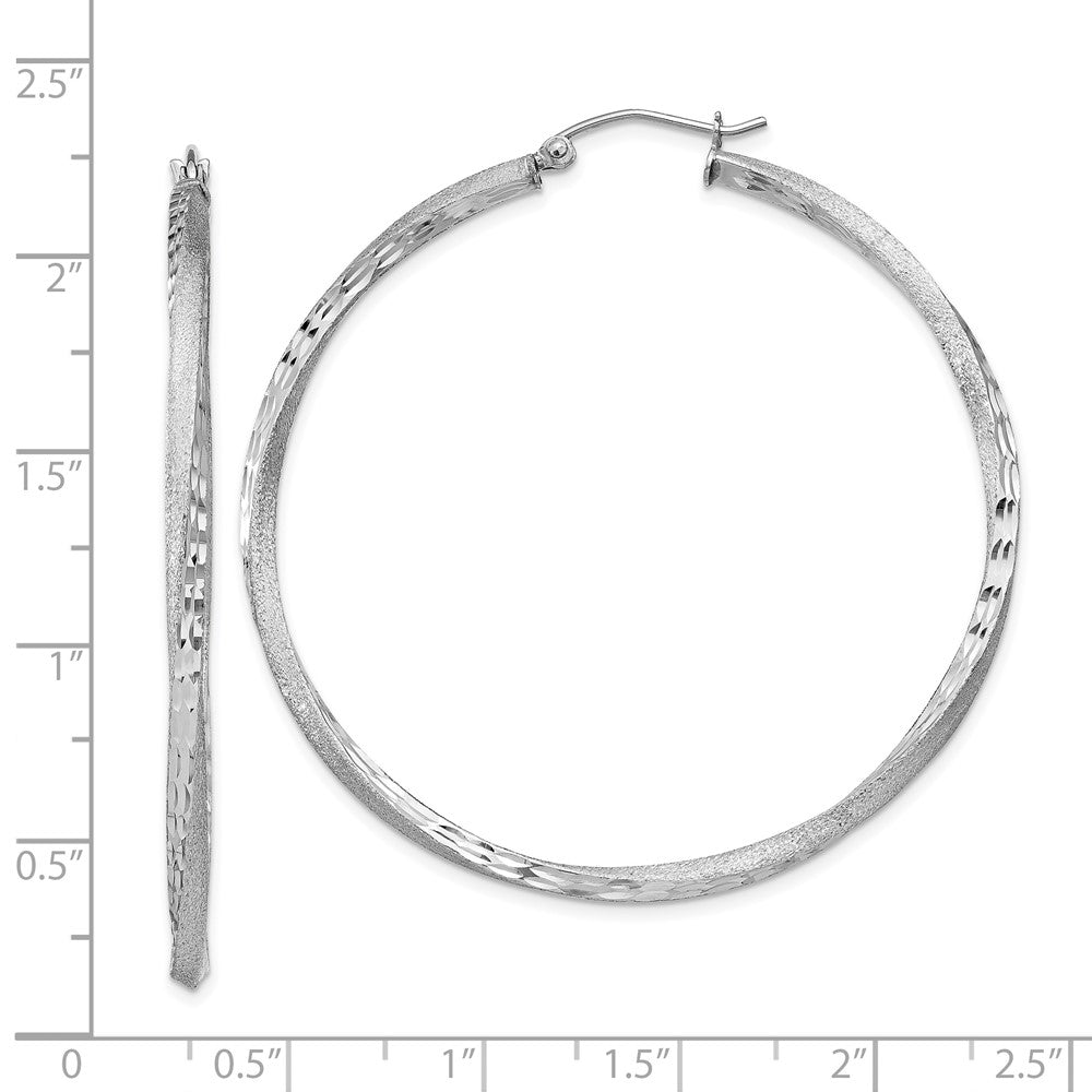 Rhodium-plated Silver Satin Diamond-cut 2.5x50mm Twisted Hoop Earrings