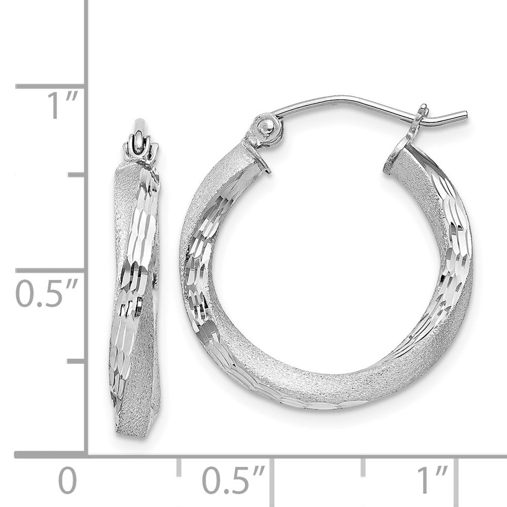 Rhodium-plated Sterling Silver Satin Diamond-cut Twisted 3x20mm Hoop Earrings