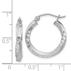 Rhodium-plated Sterling Silver Satin Diamond-cut Twisted 3x20mm Hoop Earrings