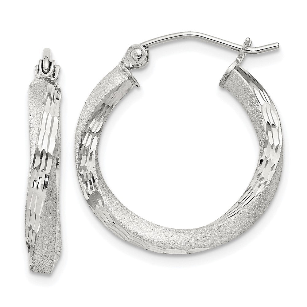 Sterling Silver Satin Diamond-cut Twisted 3x20mm Hoop Earrings