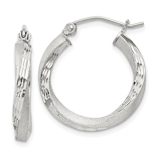 Sterling Silver Satin Diamond-cut Twisted 3x20mm Hoop Earrings