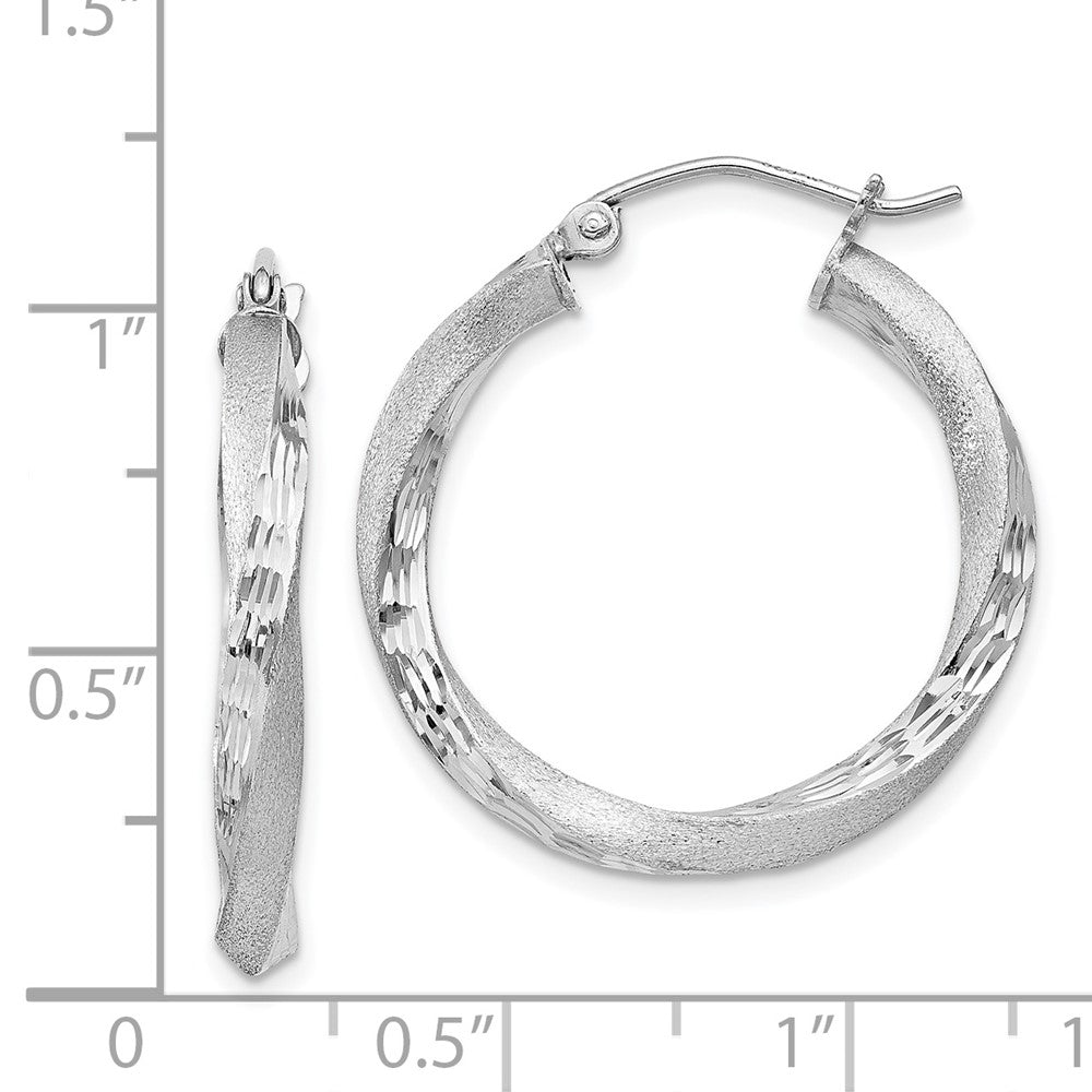 Rhodium-plated Sterling Silver Satin Diamond-cut Twisted 3x25mm Hoop Earrings