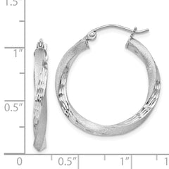 Rhodium-plated Sterling Silver Satin Diamond-cut Twisted 3x25mm Hoop Earrings