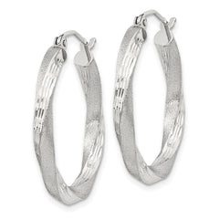 Sterling Silver Satin Diamond-cut Twisted 3x25mm Hoop Earrings