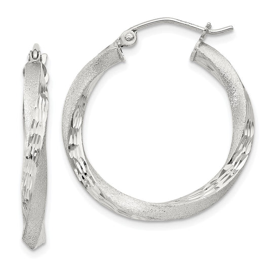 Sterling Silver Satin Diamond-cut Twisted 3x25mm Hoop Earrings