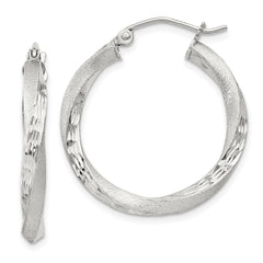 Sterling Silver Satin Diamond-cut Twisted 3x25mm Hoop Earrings