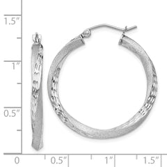 Rhodium-plated Sterling Silver Satin Diamond-cut Twisted 3x30mm Hoop Earrings