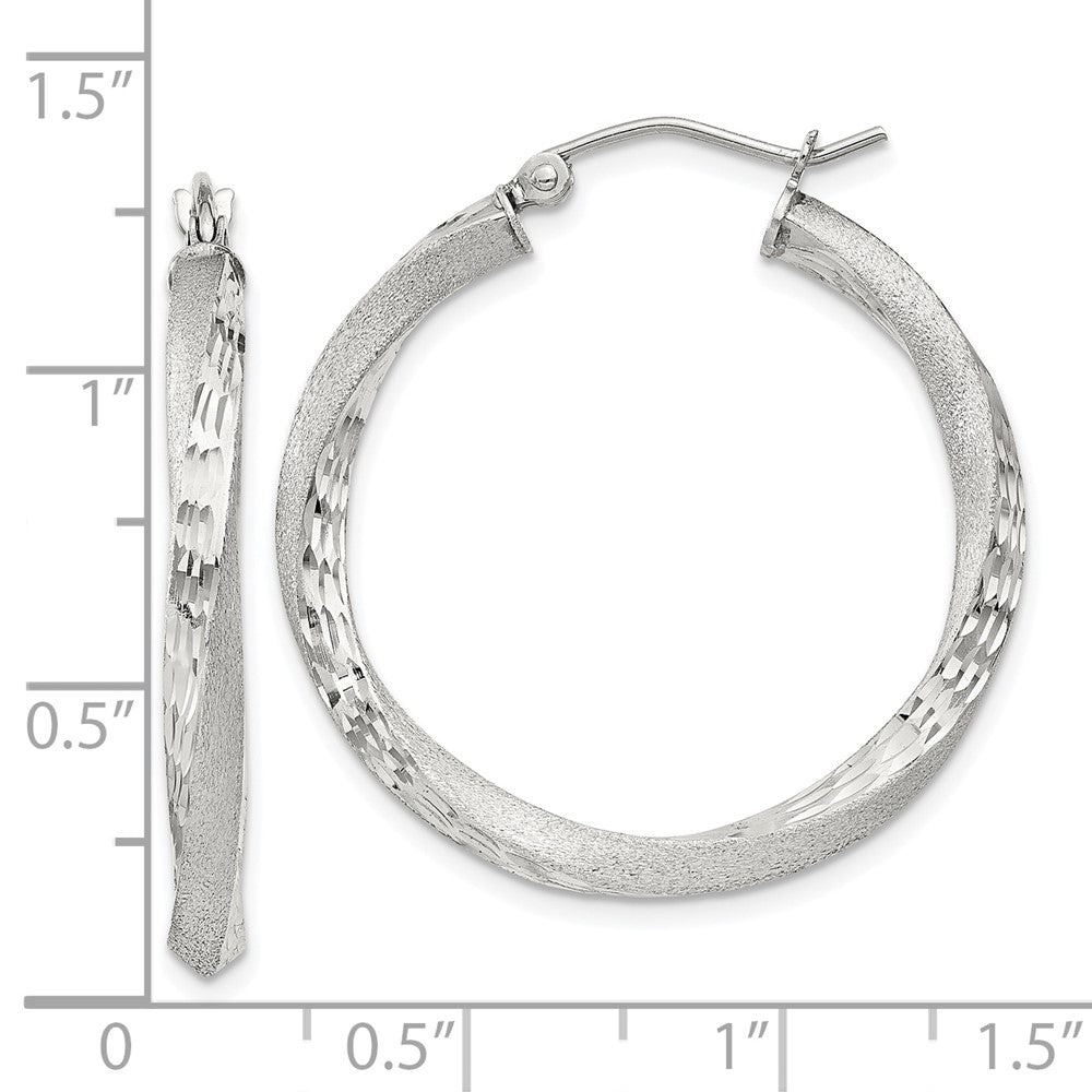 Sterling Silver Satin Diamond-cut Twisted 3x30mm Hoop Earrings