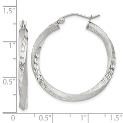 Sterling Silver Satin Diamond-cut Twisted 3x30mm Hoop Earrings