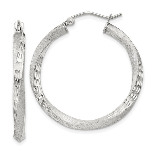 Sterling Silver Satin Diamond-cut Twisted 3x30mm Hoop Earrings
