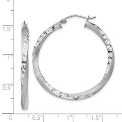 Rhodium-plated Sterling Silver Satin Diamond-cut Twisted 3x35mm Hoop Earrings