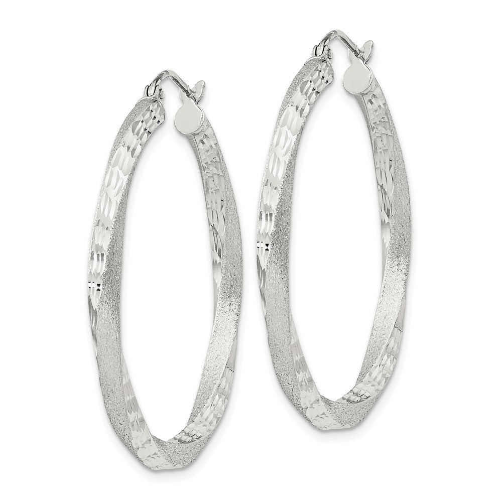 Sterling Silver Satin Diamond-cut Twisted 3x35mm Hoop Earrings
