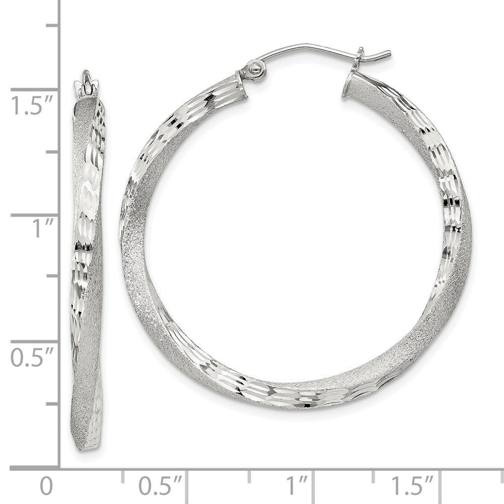 Sterling Silver Satin Diamond-cut Twisted 3x35mm Hoop Earrings