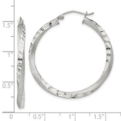 Sterling Silver Satin Diamond-cut Twisted 3x35mm Hoop Earrings