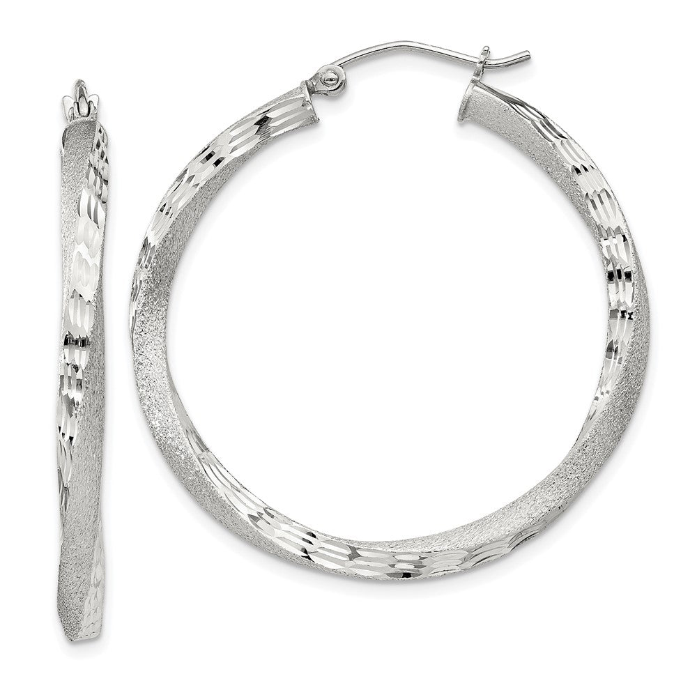 Sterling Silver Satin Diamond-cut Twisted 3x35mm Hoop Earrings