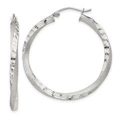 Sterling Silver Satin Diamond-cut Twisted 3x35mm Hoop Earrings