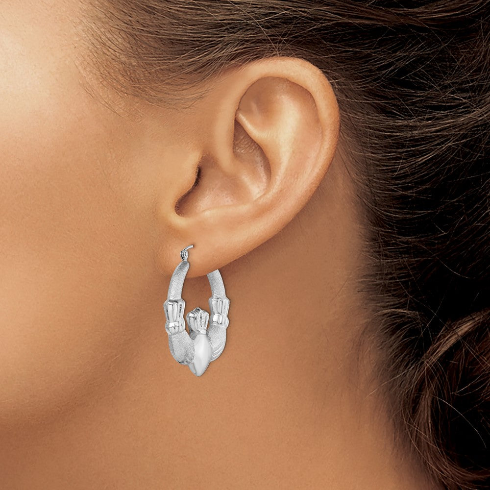 Rhodium-plated Sterling Silver Polished Satin Claddagh Hoop Earrings