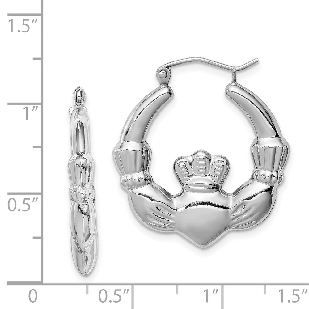 Rhodium-plated Sterling Silver Polished Claddagh Hoop Earrings