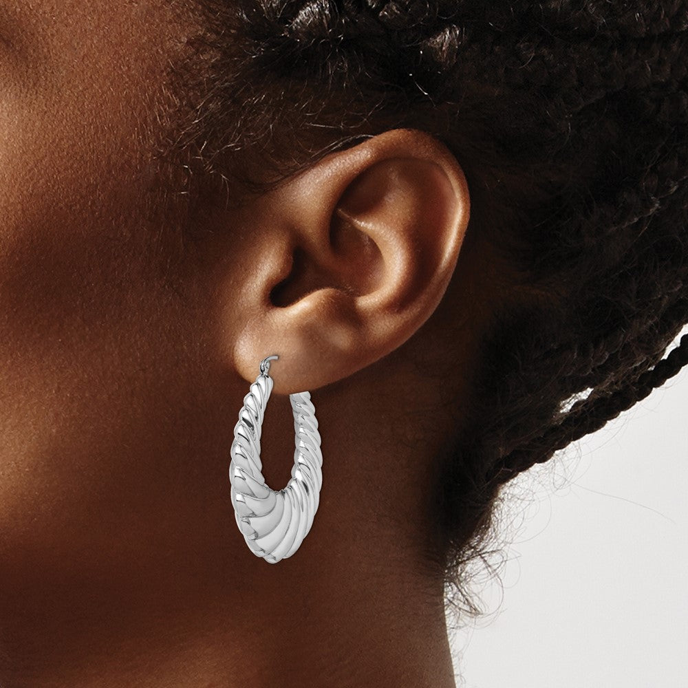 Rhodium-plated Sterling Silver Fancy Shrimp Hoop Earrings