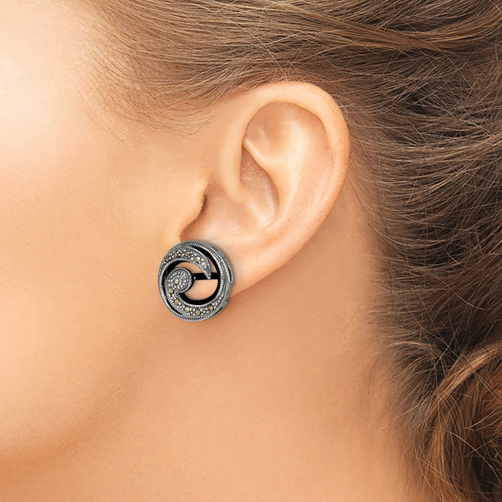 Sterling Silver Onyx and Marcasite Post Earrings