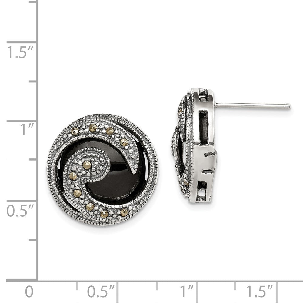 Sterling Silver Onyx and Marcasite Post Earrings