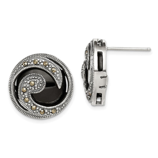 Sterling Silver Onyx and Marcasite Post Earrings