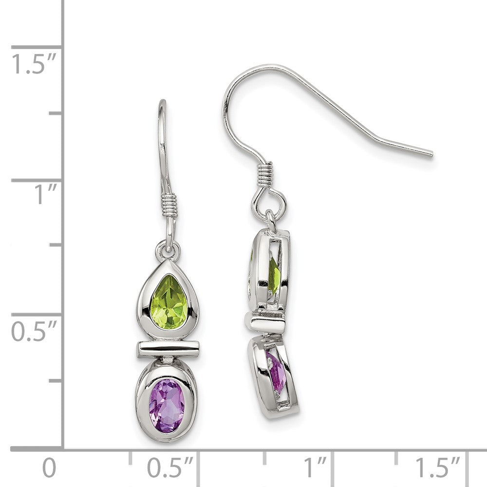 Rhodium-plated Sterling Silver Peridot and Amethyst Dangle Earrings