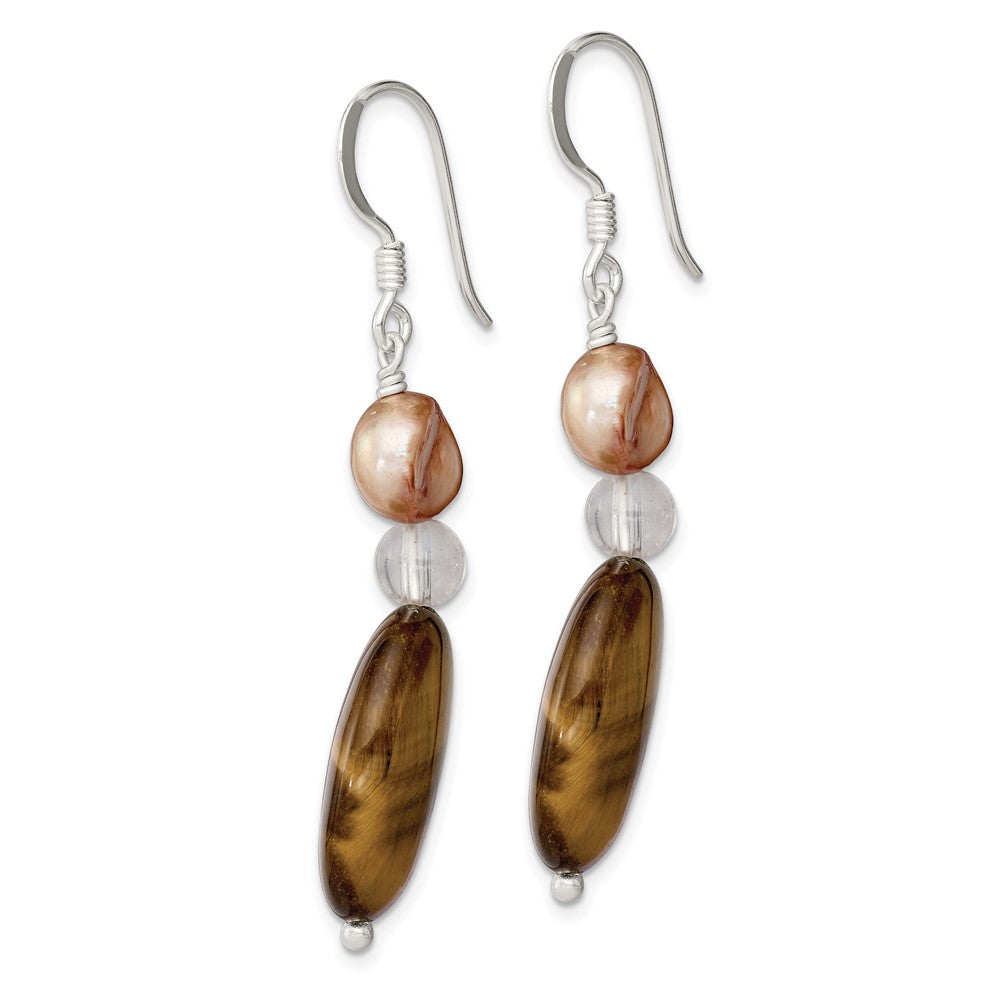 Sterling Silver Rock Quartz Tigers Eye Brown FWC Pearl Earrings