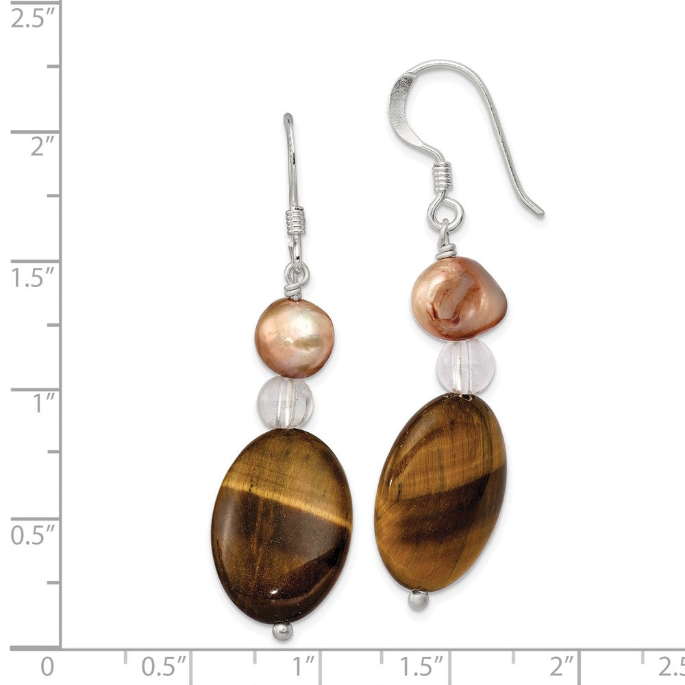 Sterling Silver Rock Quartz Tigers Eye Brown FWC Pearl Earrings