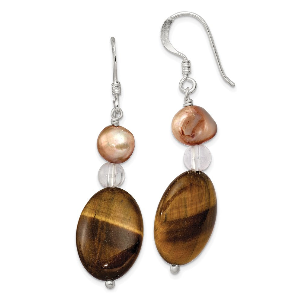 Sterling Silver Rock Quartz Tigers Eye Brown FWC Pearl Earrings