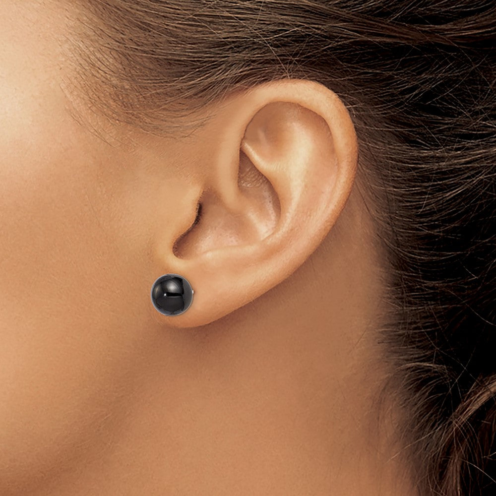 Sterling Silver 10-10.5mm Button Black Agate Post Earrings
