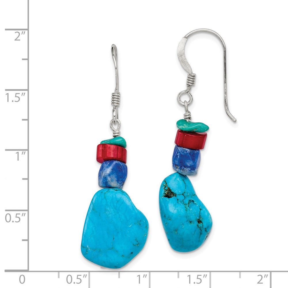 Sterling Silver Red Coral Howlite Lapis Turquoise Dangle Earrings