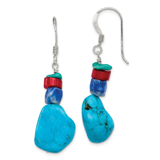 Sterling Silver Red Coral Howlite Lapis Turquoise Dangle Earrings