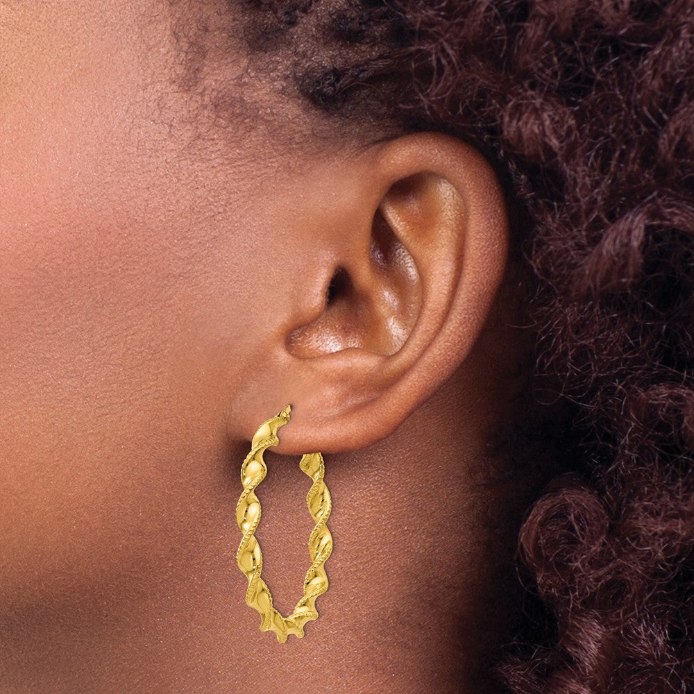 Yellow Gold-plated Sterling Silver Patterned Twisted 4x35mm Hoop Earrings
