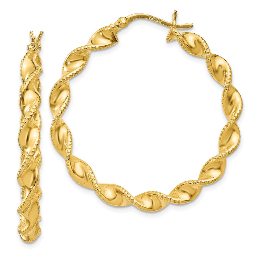 Yellow Gold-plated Sterling Silver Patterned Twisted 4x35mm Hoop Earrings