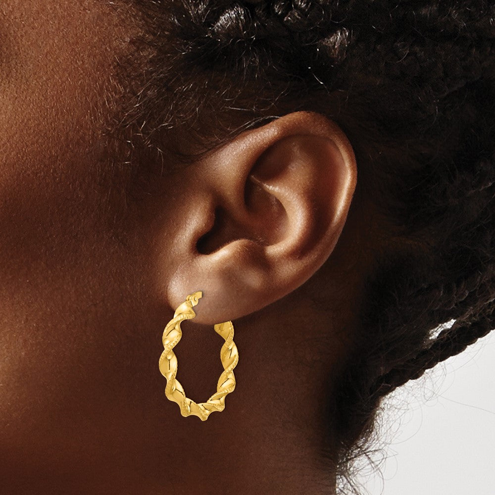 Yellow Gold-plated Sterling Silver Patterned Twisted 4x25mm Hoop Earrings