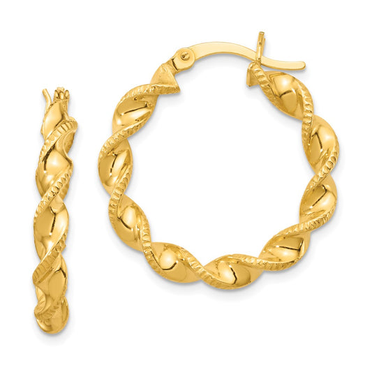 Yellow Gold-plated Sterling Silver Patterned Twisted 4x25mm Hoop Earrings