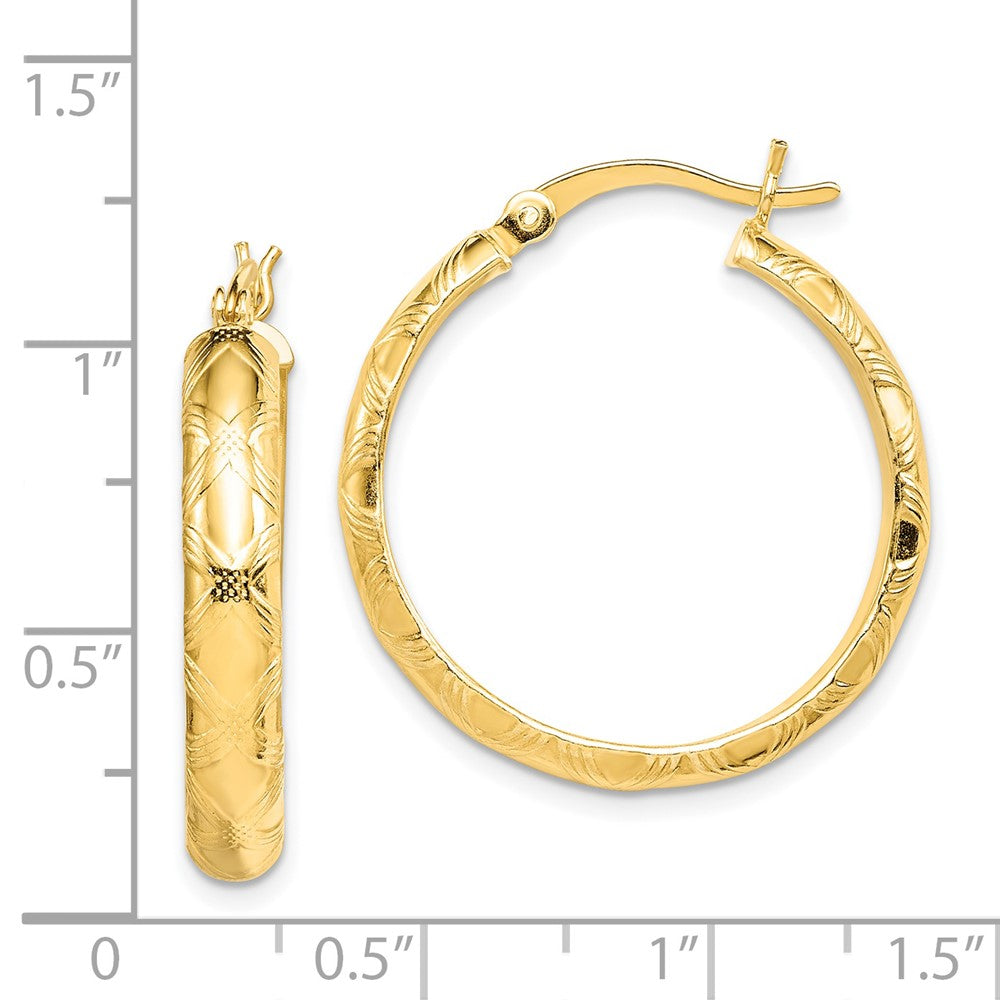 Yellow Gold-plated Sterling Silver Patterned 4x25mm Hoop Earrings