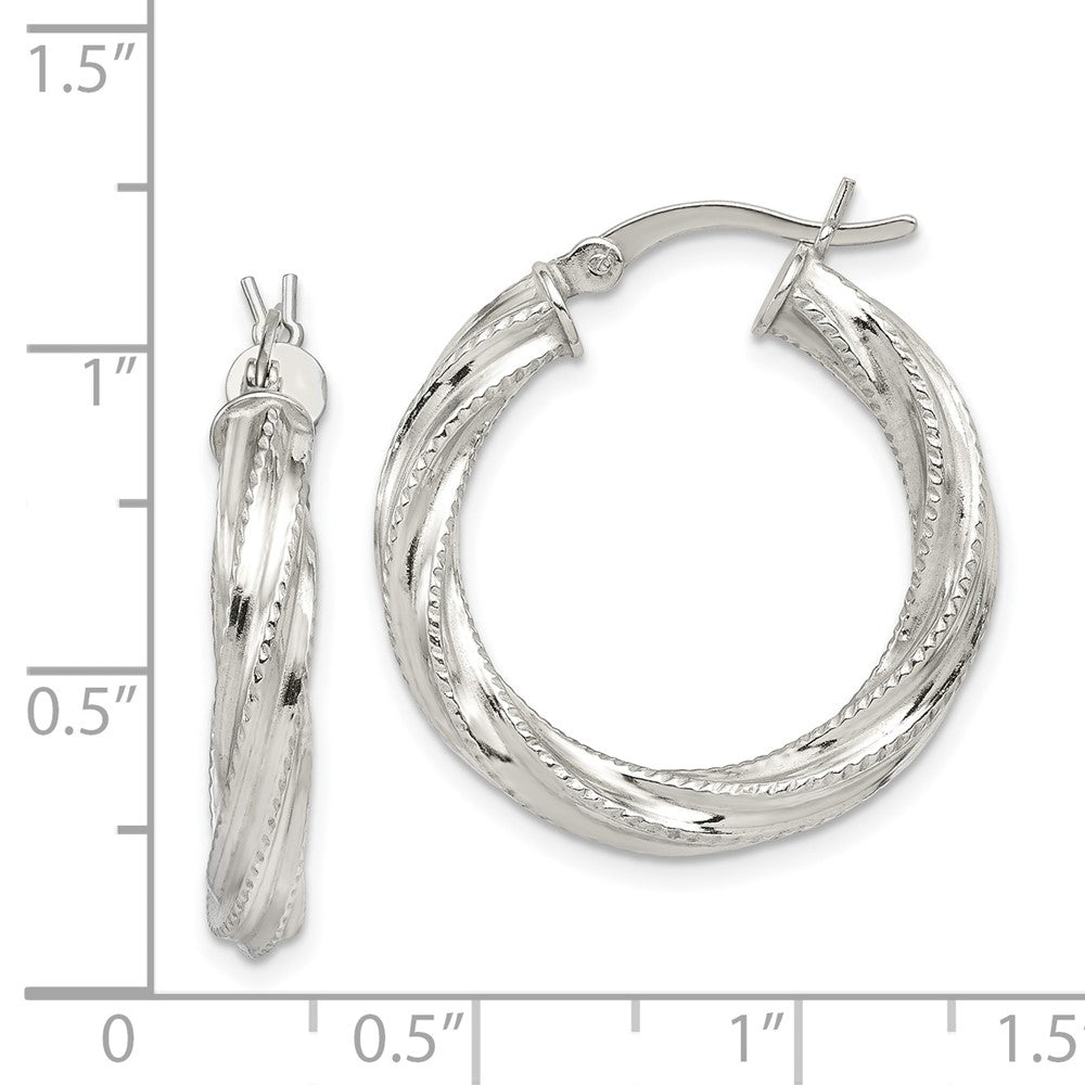 Sterling Silver Patterned Twisted 4x25mm Hoop Earrings