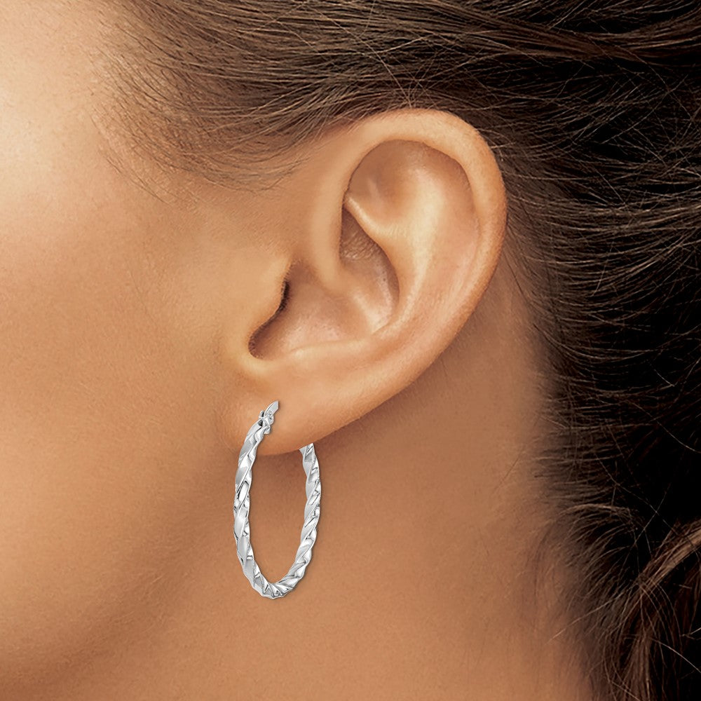Rhodium-plated Sterling Silver Twisted 3x30mm Hoop Earrings