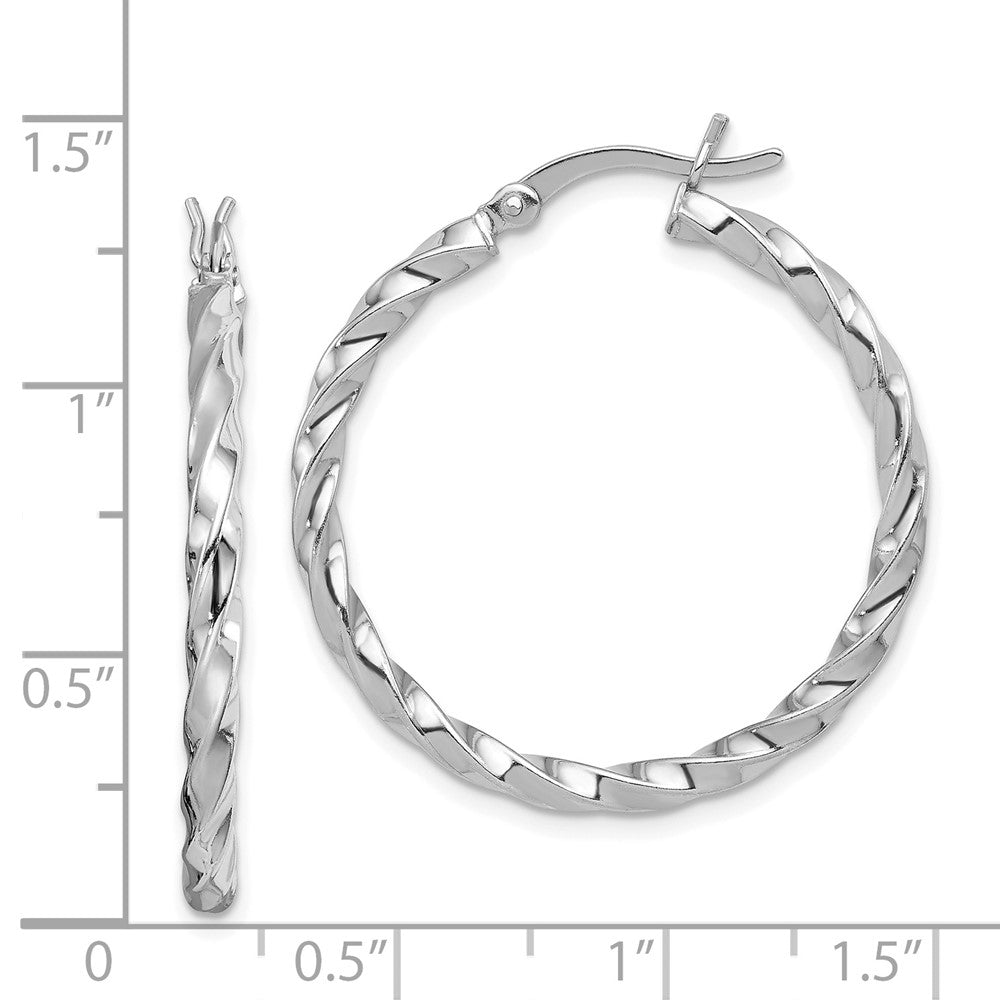Rhodium-plated Sterling Silver Twisted 3x30mm Hoop Earrings