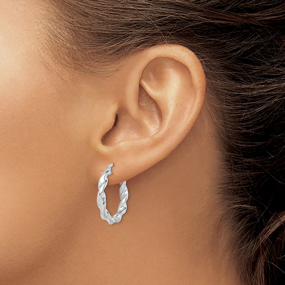 Rhodium-plated Sterling Silver Twisted 3.5x25mm Hoop Earrings