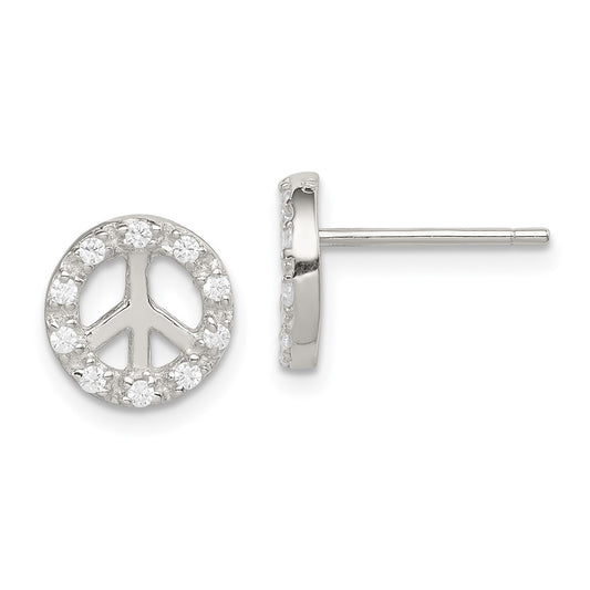 Sterling Silver Small CZ Peace Symbol Post Earrings