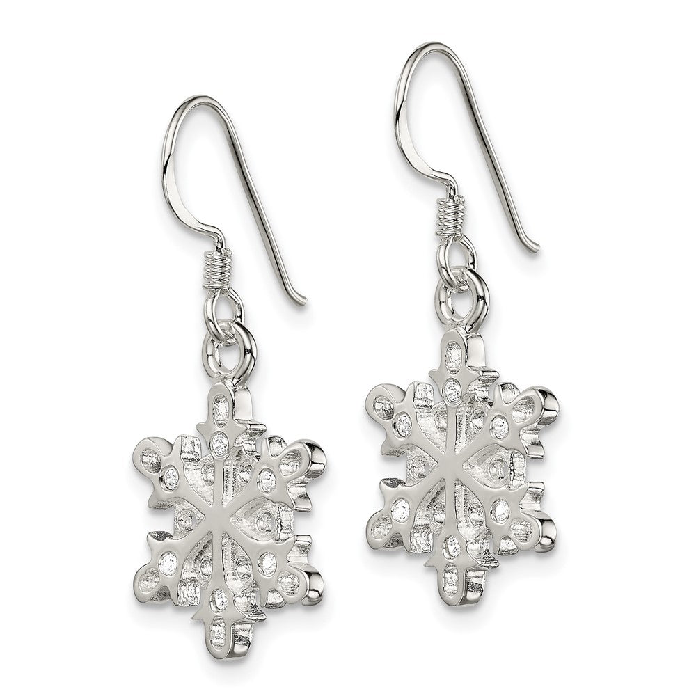 Sterling Silver Polished Satin CZ Snowflake Dangle Earrings