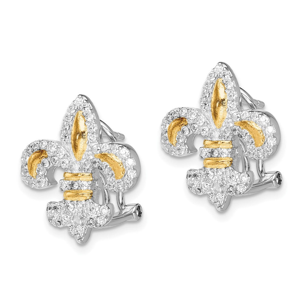 Sterling Silver Vermeil Fleur de Lis CZ Omega Back Earrings
