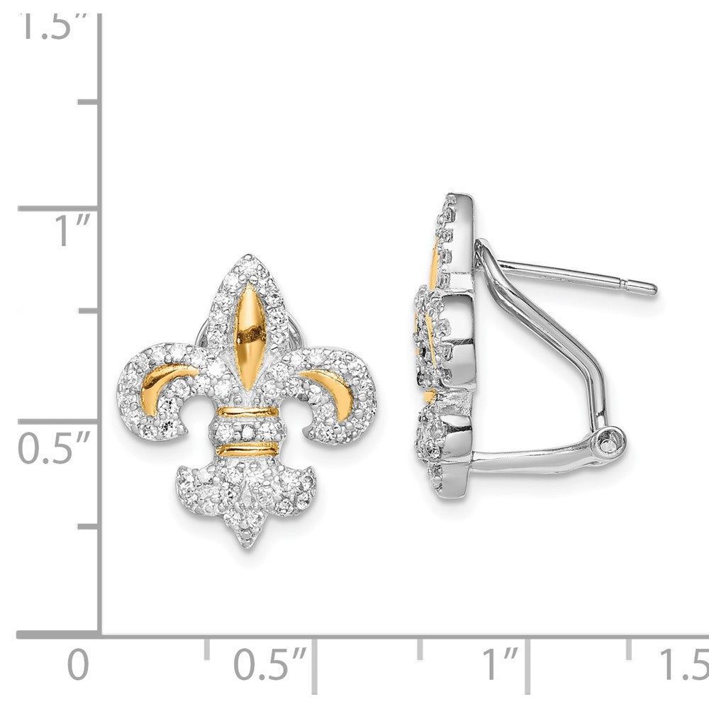 Sterling Silver Vermeil Fleur de Lis CZ Omega Back Earrings