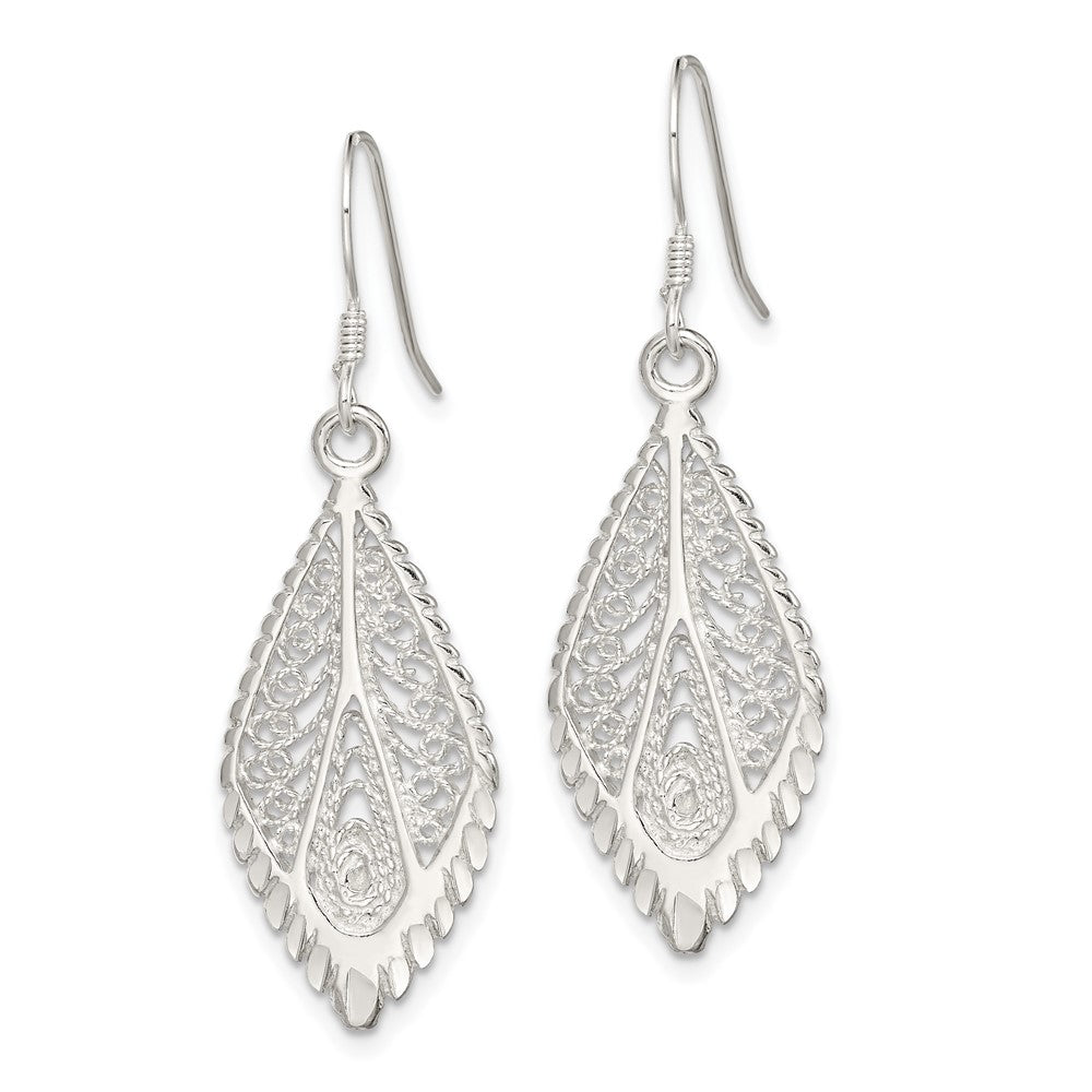 Sterling Silver Polished and Diamond-cut Fancy Filigree Teardrop Dangle Earrings