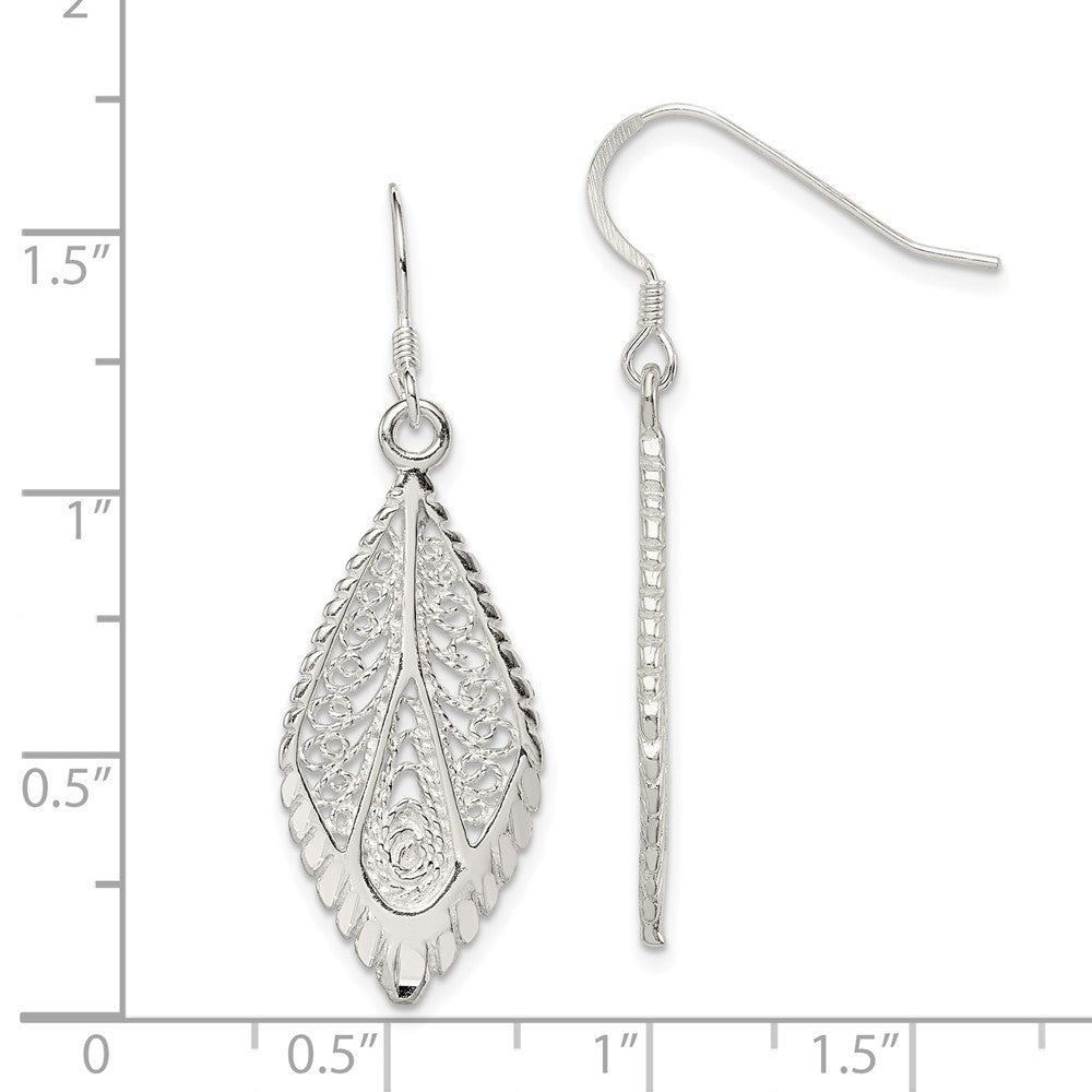 Sterling Silver Polished and Diamond-cut Fancy Filigree Teardrop Dangle Earrings